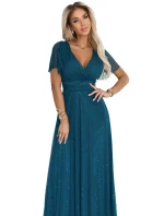 635-1 MELANIA dlouhé třpytivé šaty s výstřihem a krátkými rukávy - lahvově zelené 635-1 MELANIA dlouhé třpytivé šaty s výstřihem a krátkými rukávy - lahvově zelené