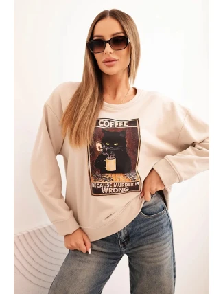 Dámská bavlněná mikina s potiskem kočky a nápisem béžová