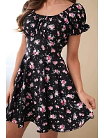 Dámské květinové šaty s nabíraným rukávem a elastickým pasem černá