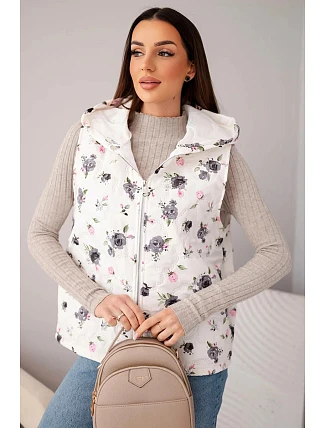 Dámská prošívaná vesta s květinami s kapucí grafitová