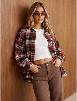 Dámská oversize flanelová košile s kostkovaným vzorem v bordó barvě FashionStreet DY0502 Dámská oversize flanelová košile s kostkovaným vzorem v bordó barvě FashionStreet DY0502