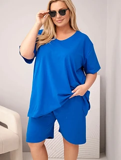 Dámský bavlněný komplet Plus Size s halenkou a kraťasy chrpově modrý