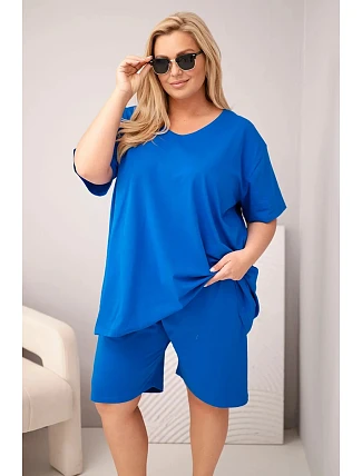 Dámský bavlněný komplet Plus Size s halenkou a kraťasy chrpově modrý Dámský bavlněný komplet Plus Size s halenkou a kraťasy chrpově modrý
