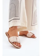 Ploché Dámské Sandály Eko Kožené S Přezkou Béžové Bamma