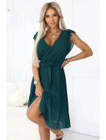 374-8 POLINA Plisované šaty s výstřihem a volánky - ZELENÉ