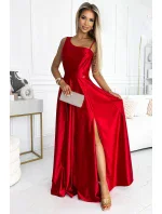 524-1 Dlouhé elegantní saténové šaty na jedno rameno - ČERVENÉ