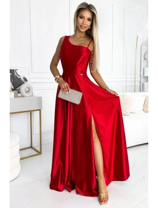 524-1 Dlouhé elegantní saténové šaty na jedno rameno - ČERVENÉ
