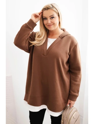 Dámská mikina zateplená Plus Size s kapucí a véčkovým výstřihem hnědá