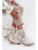 Kožené Prolamované Dámské Kotníkové Boty Na Podpatku Zazoo 3647 Zlatý Opotřebovaný