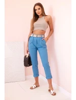Dámské viskózové kalhoty s páskem a ohrnutými nohavicemi džínovina Dámské viskózové kalhoty s páskem a ohrnutými nohavicemi džínovina