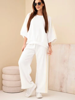 Dámský komplet z viskózy máslový se širokými nohavicemi a volnou blůzou bílý