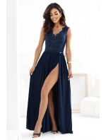 215-6 LEA dlouhé elegantní maxi šaty s krajkovým vrškem a rozparkem na nohou - tmavě modré