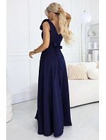 643-4 Elegantní večerní maxi šaty s rozparkem a růžemi - tmavě modré