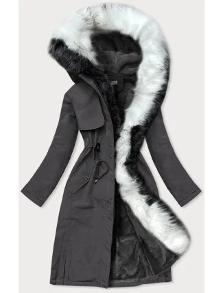 Dlouhá dámská bavlněná zimní bunda parka v grafitové barvě (wm268)