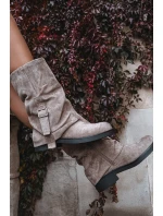 Ženské kozaki s ohnutým horním dílem do poloviny lýtka s přezkou Khaki Minelle