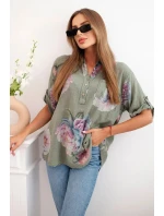 Dámská bavlněná halenka s květinovým vzorem khaki