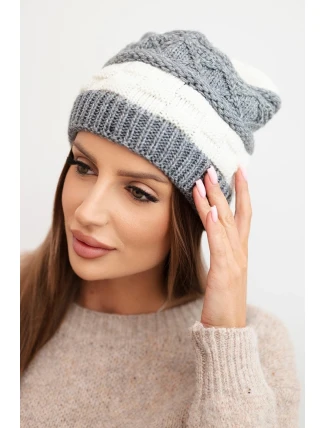 Dámská zimní čepice z vlny s ozdobným vzorem K446 ecru + šedá