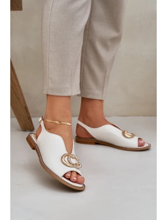 Kožené Sandály Na Plochém Podpatku S Dekorací Světle Béžové Laura Messi 2865