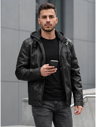 Pánská kožená zateplená bunda s kapucí, černá, FashionStreet TX5149 Pánská kožená zateplená bunda s kapucí, černá, FashionStreet TX5149