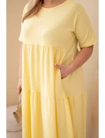 Dámské bavlněné šaty plus size s krátkým rukávem a volánem žluté