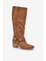 Semišové kozačky na nízkém podpatku s holeněmi nad kolenem Zazoo 3444/O Camel