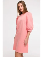 B291 Šaty áčkového střihu s pouzdrovými rukávy - korálová barva