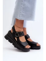 Dámské sandály na klínku a platformě z eko kůže, černá triaola Dámské sandály na klínku a platformě z eko kůže, černá triaola