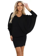 402-10 Pohodlné netopýří šaty s dlouhým rukávem - černé