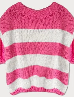 Volný dámský pruhovaný svetr v neonově růžové barvě (761ART)