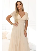 635-9 MELANIA dlouhé třpytivé svatební šaty s výstřihem a krátkými rukávy - béžové