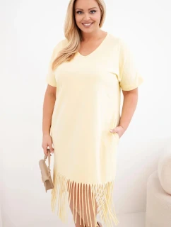 Dámské bavlněné šaty s výstřihem do V a třásněmi Plus Size žlutá