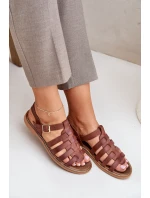 Kožené sandály na plochém podpatku hnědé Zazoo 3686