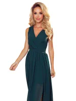 JUSTINE - Dlouhé dámské šaty v lahvově zelené barvě s výstřihem a zavazováním 362-2