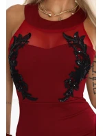 617-2 Dlouhé šaty ve tvaru mořské panny s černou krajkou a síťovinou - vínové 617-2 Dlouhé šaty ve tvaru mořské panny s černou krajkou a síťovinou - vínové