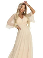 654-2 Dlouhé třpytivé plus size šaty s výstřihem a průhlednými rukávy - šampaňsko-béžové