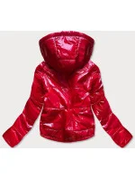 Lesklá červená prošívaná dámská bunda s kapucí (B9560)