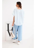 Dámská souprava viskózová s pruhovanou blůzou a širokými kalhotami s gumou modrý