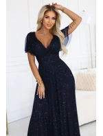 635-3 MELANIA dlouhé lesklé šaty s výstřihem a krátkými rukávy - tmavě modré 635-3 MELANIA dlouhé lesklé šaty s výstřihem a krátkými rukávy - tmavě modré