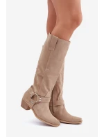 Semišové Čižmy Na Nízkém Podpatku S Návleky Před Kolena Světle Béžové Zazoo 3444/O