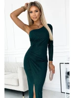 443-1 Dlouhé šaty na jedno rameno - BOTTLE GREEN s třpytkami