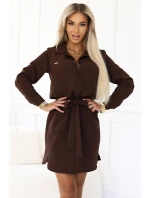284-5 CAMILLE Košilové šaty s kapsami a vázáním - CHOCOLATE 284-5 CAMILLE Košilové šaty s kapsami a vázáním - CHOCOLATE
