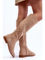 Kůže Kozačky S Plochou Podpatek Bežové Eelin Kůže Kozačky S Plochou Podpatek Bežové Eelin