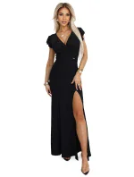 598-1 IRINA oslnivé dlouhé šaty s brokátem, obálkovým výstřihem a rozparkem na nohou - černé