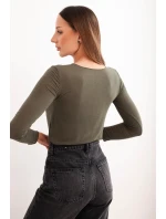 Dámská blůza z kašmíru s kulatým výstřihem a dlouhým rukávem khaki