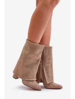 Ozdobené Lesklé Botky S Otočeným Svrškem Na Podpatku Zateplené Béžové Xistaria