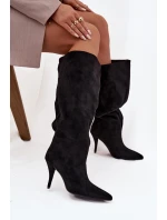 Vklouzávací dámské kozačky na podpatku z eko semiše černé Noretta