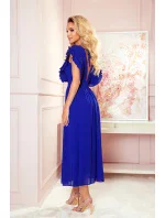 YANA - Dámské midi šaty v chrpové barvě s plisovanými volánky a výstřihem 367-2