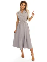 596-2 Elegantní midi košilka se zlatými knoflíky a páskem - GREY BEige 596-2 Elegantní midi košilka se zlatými knoflíky a páskem - GREY BEige