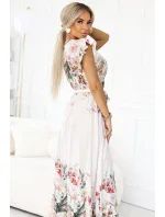 609-1 Saténové maxi šaty s výstřihem a květinovým ombre - elegance v boho stylu