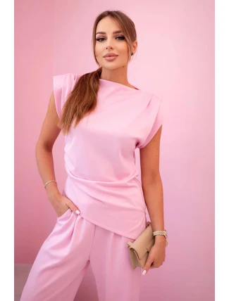 Komplet asymetrická halenka + kalhoty bonbónově růžová